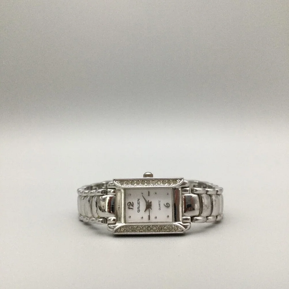 Gruen Womens Watch 19mm Silver Tone White Dial Crystals New Battery 7.5